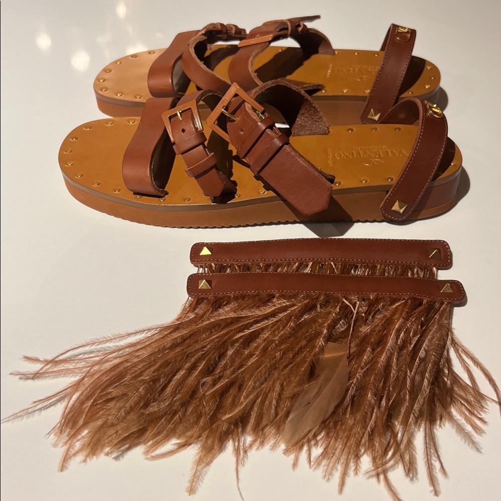 Valentino Tan Leather Sandals with Removable Snap on Ostrich Fringe Accents